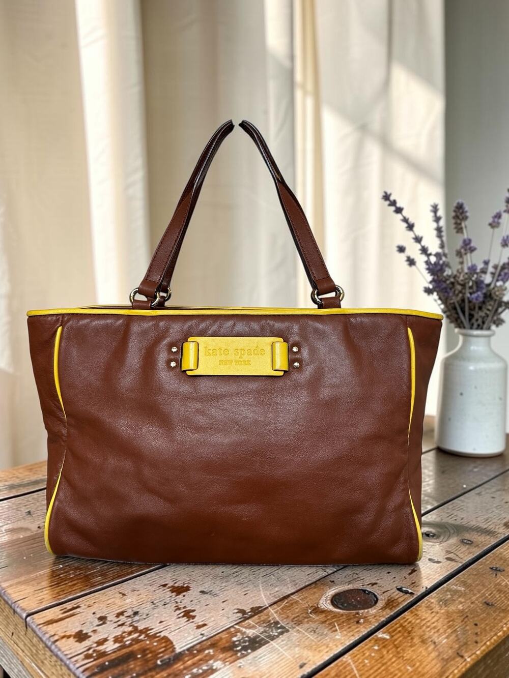 Kate Spade Soft Leather Shoulder Bag Cognac Brown yellow Trim GUC